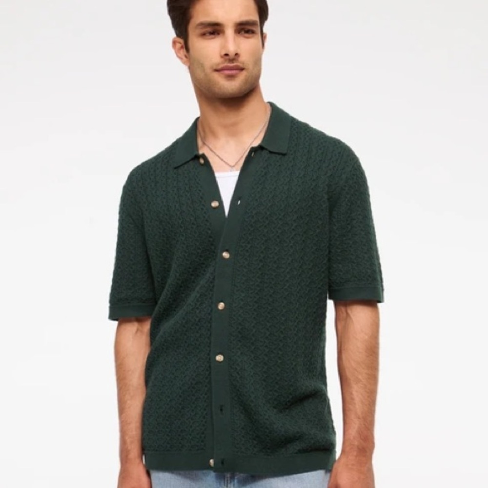 Abercrombie Cable Button-Through Sweater Polo Shirt Green XXL